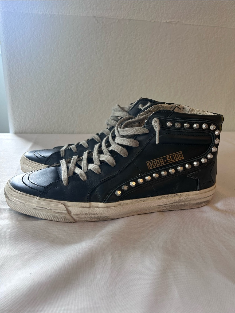 Golden Goose Black High-Top Sneakers with Silver Studs and White Laces